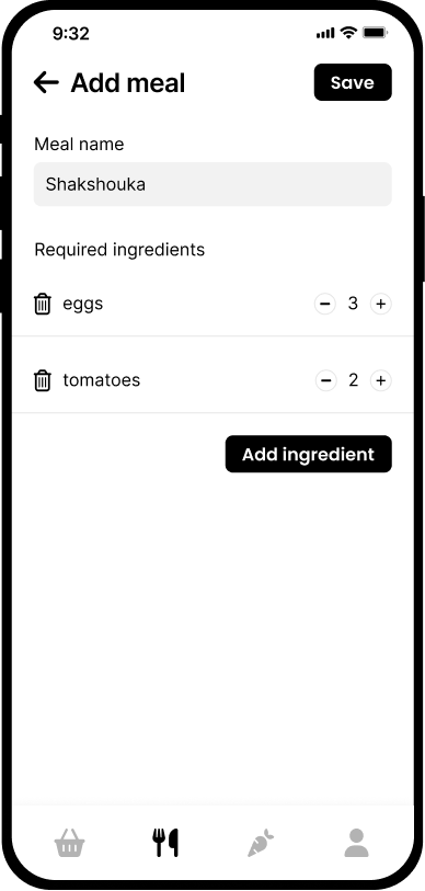 Meal form in the Mealso mobile app