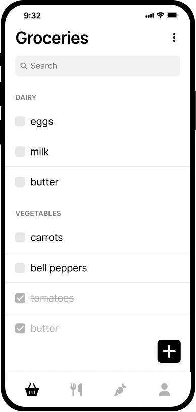 Shopping list in the Mealso mobile app