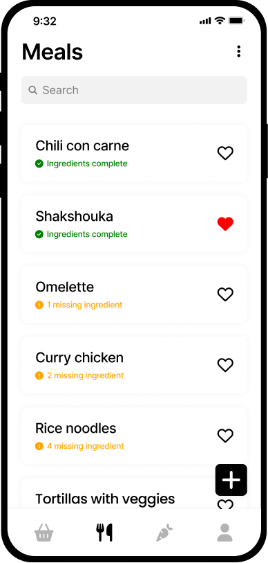 Meal list in the Mealso mobile app